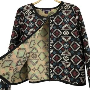 Roaman's Tapestry Cropped Jacket 14W Maroon Black Geo Print Southwestern